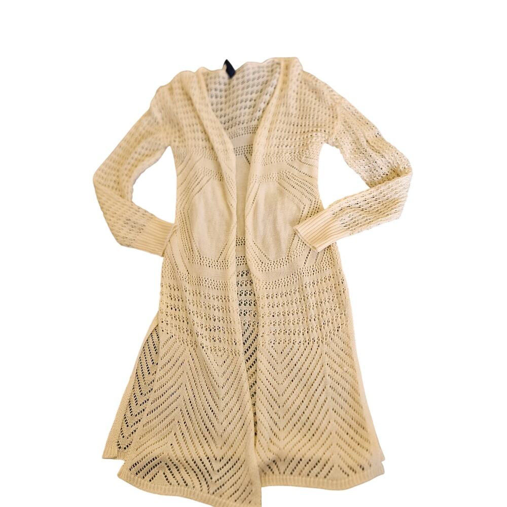 Blue Rain Womens Small White Open Knit Long Cardigan Duster Crochet Boho